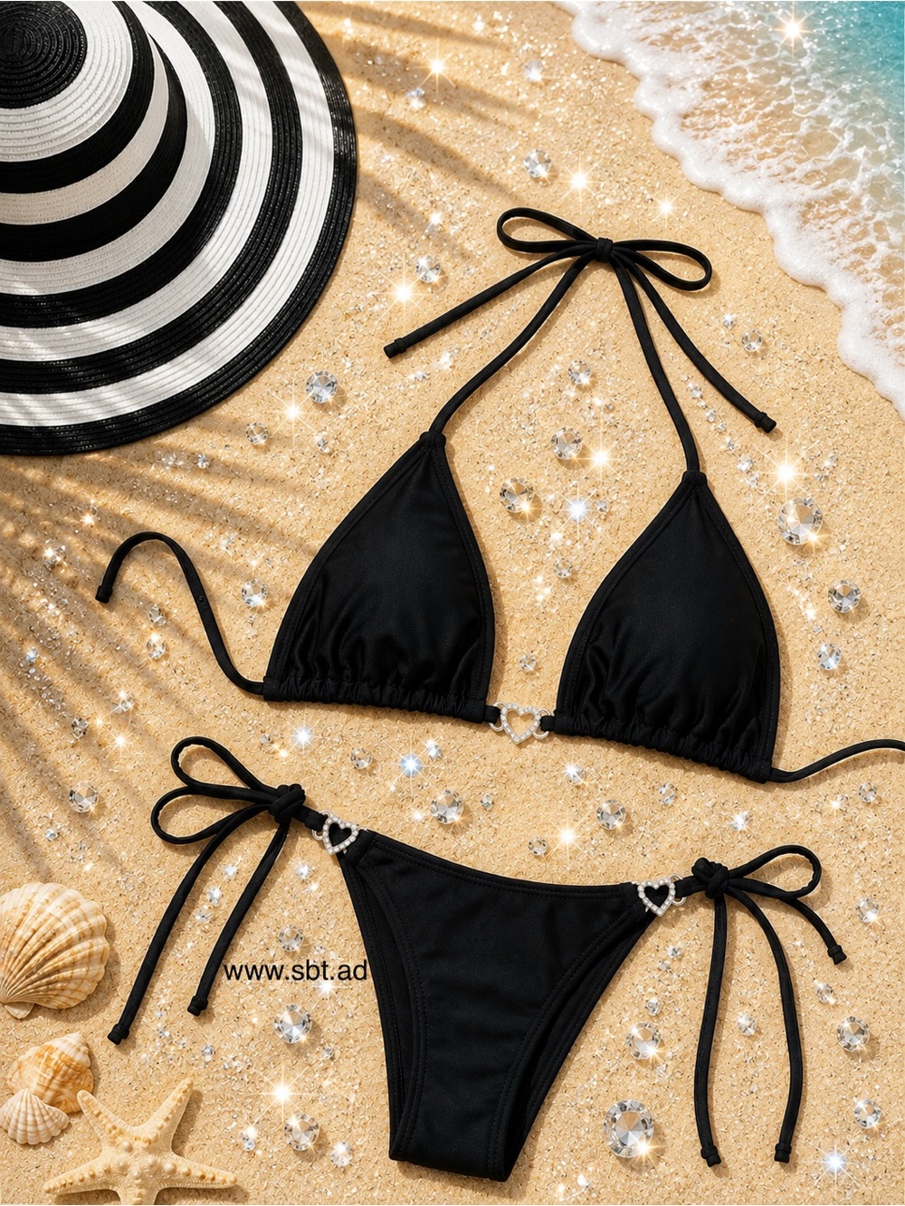 NEW Triangle Bikini Sparkling Bling Crystal Rhinestone Heart Swimsuit Beach Wear - Picture 10 of 13